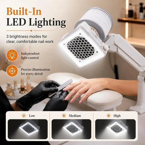 Top Shelf Sixty Watt Nail Dust Extractor Vacuum With Kickin Three Sixty Degree Cyclone Airflow And Fine Tuned Suction For Acrylic Filing Manicure Sessions And Dip Tech Includes A Rock Solid Desk Clamp And Easy Clean Reusable Filter with built-in LED lighting.
