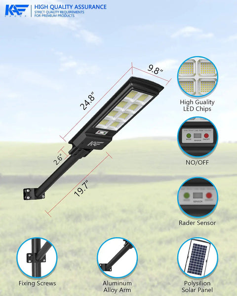 Ultra Bright 350000LM Solar Street Lights With 384 LEDs 1500W Dusk To Dawn Motion Sensor IP65 showing dimensions and features