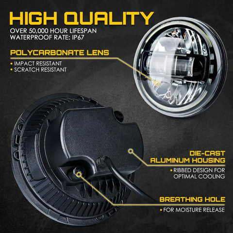 7 Inch LED Round Headlights For Jeep Wrangler JK JKU TJ LJ CJ Hummer H1 H2 close-up showing die-cast aluminum housing and PC lens