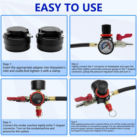 ZKTOOL 19PC Turbo System Leakage Tester Kit with 8 stepped adapters and pressure gauge, four-step setup diagram.