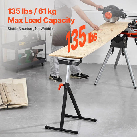 Built Like A Tank Heavy Duty Roller Stands Two Pack Adjustable Shop Supports Carry Up To One Hundred Thirty Five Pounds in use for cutting wood.