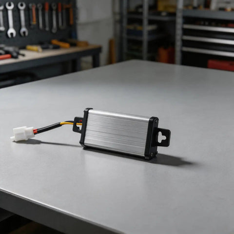 Heavy Duty DC Voltage Step Down Converter Swaps 36V Or 72V Straight To 12V with plug connector on gray surface.