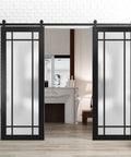 Sturdy Double Barn Door With Frosted Glass And Matte Black Hardware 13 Foot Sliding Rail Set Heavy Duty Modern Solid Panel Interior Doors 84 By 96 Inches Two Panels Black Rail System Included
