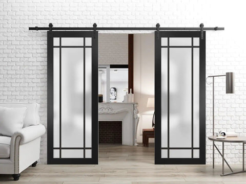 Sturdy Double Barn Door With Frosted Glass And Matte Black Hardware 13 Foot Sliding Rail Set Heavy Duty Modern Solid Panel Interior Doors 84 By 96 Inches Two Panels Black Rail System Included