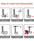 Meat grinder attachment for KitchenAid stand mixer; front view shows metal body with grinding plates and sausage tubes.