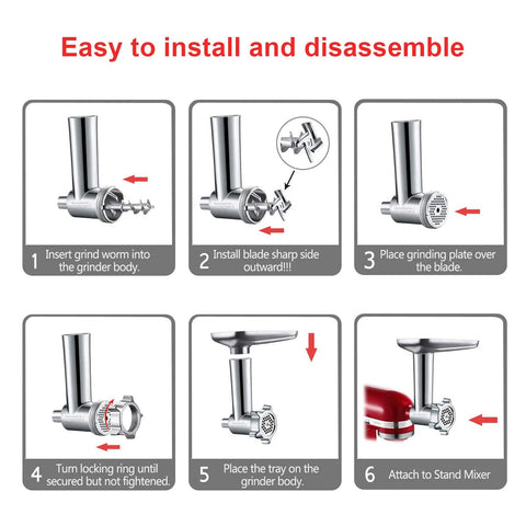 Meat grinder attachment for KitchenAid stand mixer; front view shows metal body with grinding plates and sausage tubes.