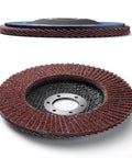 Side and angle view of Pro Flap Disc Set Four And A Half Inch Twenty Pack For Angle Grinder, Assorted Grits 40 60 80 120, Aluminum Oxide Sanding Discs.