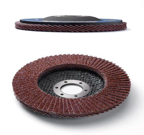 Side and angle view of Pro Flap Disc Set Four And A Half Inch Twenty Pack For Angle Grinder, Assorted Grits 40 60 80 120, Aluminum Oxide Sanding Discs.