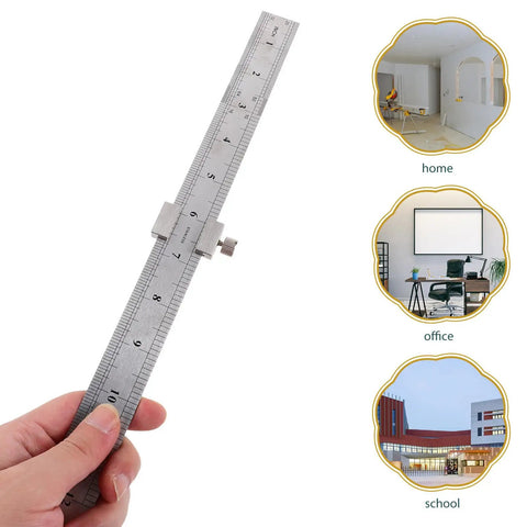 Stainless Steel Ruler With Sliding Positioning Block For Precision Measuring In Engineering And Carpentry Pro Grade Durable Double Sided Metric Imperial Ruler For School And Office Use Built To Last Flatness And Accuracy held in hand
