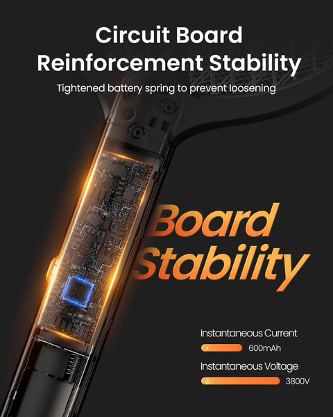 Close-up of Electric Fly Zapper Racket 3800V Battery Powered Handheld Pest Control showing circuit board and stability features.