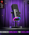 USB And XLR Dynamic Microphone For Podcast Recording And Streaming On PC And Gaming With Mute Button Headphones Jack Desktop Stand RGB Light And Clear Vocals For Singing YouTube AM8 on a stand with colorful lighting