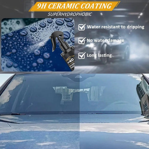 Close-up of Two Pack P40 Car Scratch Quick Repair Nano Spray protecting a car windshield with water beads and clear coating effect.