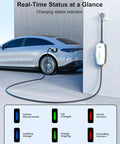 Plug And Go Portable Level 1 And 2 EV Charger With 25 Foot Cord J1772 Connector charging electric vehicle with indicator lights.