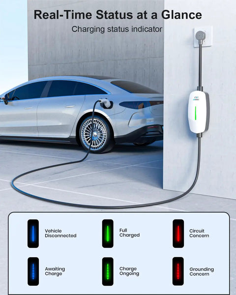 Plug And Go Portable Level 1 And 2 EV Charger With 25 Foot Cord J1772 Connector charging electric vehicle with indicator lights.