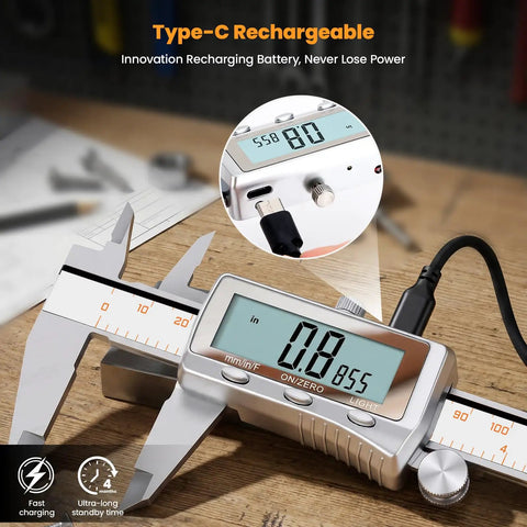 8 Inch Digital Caliper With Rechargeable Battery All Metal Micrometer Backlit LCD Inch To Mm And Fraction Conversion Auto Off