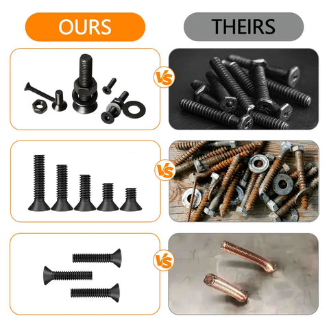 Comparison of 1715 Piece Metric Screw Kit for 3D Printers and Mechanical Hardware with black screws and corroded alternatives.