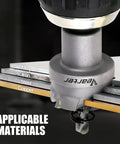 Beefy Pro Grade Three Piece Carbide Hole Saw Kit drilling through layered metals, showcasing durability for hard materials.