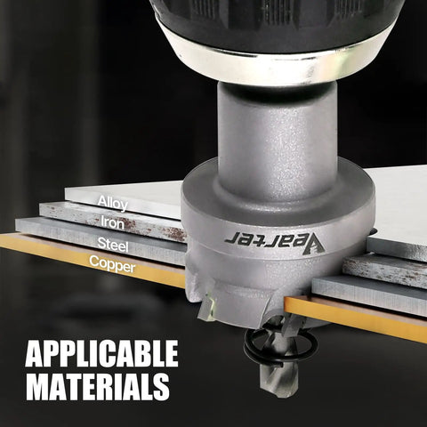 Beefy Pro Grade Three Piece Carbide Hole Saw Kit drilling through layered metals, showcasing durability for hard materials.