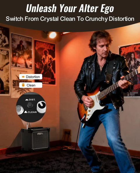 Guitarist playing in a room with posters, showing 10W Bluetooth Guitar Amp With A Solid Wood Cabinet For A Full, Warm Home Jam.