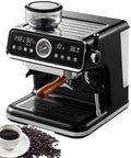 Premium Full Automatic Espresso Coffee Machine With Built In Grinder And 20 Bar Pressure For Smooth Cappuccino Latte Making, featuring glass bean container.