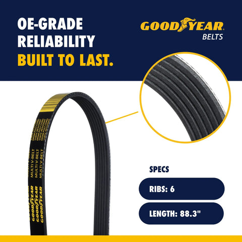 Heavy Duty EPDM Serpentine Belt Featuring Six Ribs Spanning Eighty Eight Point Three Inches with Goodyear branding