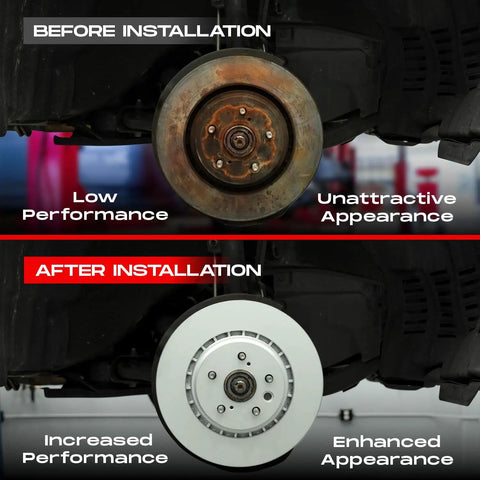 R1 Concepts Front Brake Kit For 2007 to 2009 Chrysler Sebring Sedan Stops Hard With Durable Rotors And Pads That Keep Your Ride Safe And Smooth On The Road. before-and-after rotor install on Chrysler Sebring sedan