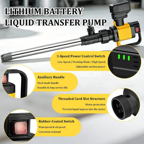 Heavy Duty 1000W Brushless Cordless Electric Drum Pump For Diesel Gas And Fuel Oil Transfer. This Rechargeable 36V Battery Powered Pump With Stainless Steel Tube Is Perfect For Garage Work. Includes Adjustable Speed Control And High Flow Rate To Get The