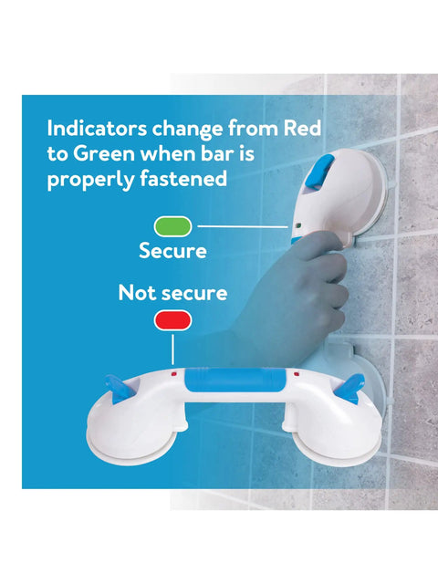 12-Inch Suction Shower Grab Bar With Ultra Grip Dual Locking Cups showing secure installation guide