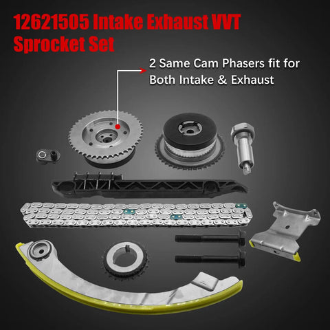 2.4L Ecotec Timing Chain Kit With Water Pump For Equinox Malibu Terrain Buick Regal Lacrosse Verano 2011-2017 2.2L 2.4L Engine With VCT Solenoid Actuator Gear 9-4201S, timing components laid out