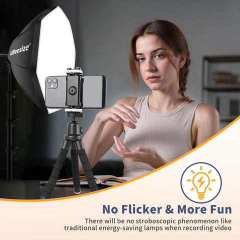 Woman using 20x20 Inch Softbox Lighting Kit With 85W LED Bulbs 3000K To 7500K for live streaming setup in home studio