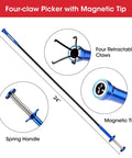 Diagram of four-claw picker with magnetic tip, showing retractable claws, spring handle, and 24-inch length.