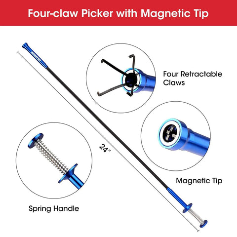 Diagram of four-claw picker with magnetic tip, showing retractable claws, spring handle, and 24-inch length.