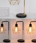 Set Of 2 Touch Control Black And Gold Desk Lamps With 2 USB Ports, Industrial Cage Style, showing 3-way dimmable settings