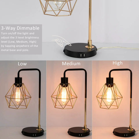 Set Of 2 Touch Control Black And Gold Desk Lamps With 2 USB Ports, Industrial Cage Style, showing 3-way dimmable settings