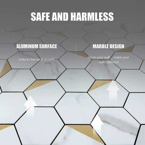 Hexagon Peel and Stick Metal Backsplash Tiles Kit, 12x12 Aluminum Mosaic, 10 Self Adhesive Sheets Covering 9 Sq Ft, Golden Finish