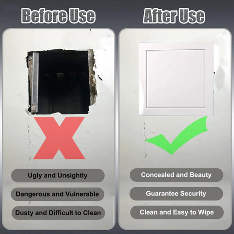 Before and after image of Slick Self Adhesive Access Panel for Hiding Drywall Gaps Concealed Ceiling Door installation.