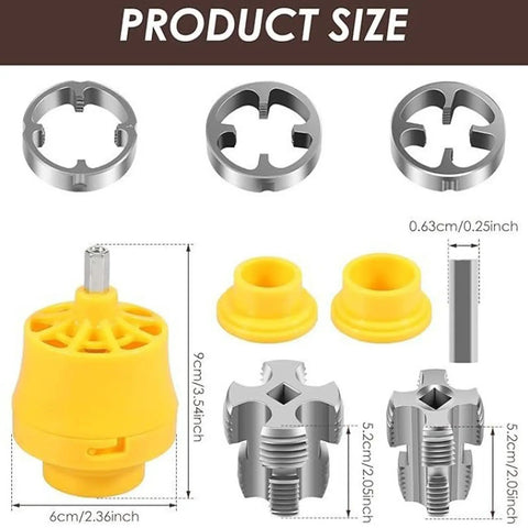 Heavy Duty Pvc Pipe Threader Kit For Electric Drill Quick Connect Die Set with yellow handle and silver taps, ideal for efficient plumbing.