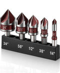 Heavy Duty 5 Piece Countersink Drill Bit Set Featuring 82 Degree HSS Steel And Quick Change Hex Shank For Wood Metal Plastic, displaying various sizes.