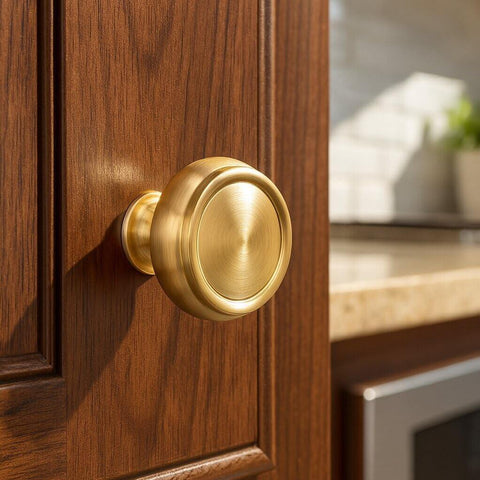 Side view of Champagne Bronze Cabinet Knobs Set Of 10 For Kitchen And Furniture, One And A Quarter Inch Single Hole Zinc Alloy Knobs by EAXINTA.