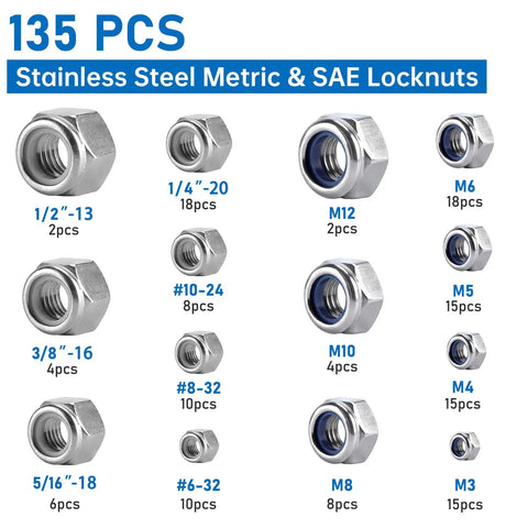 Assorted 135 Pack Nylon Insert Lock Nuts 304 Stainless Steel A2 70 Vibration Proof Locking For Automotive And Machinery SAE And Metric