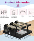 Heavy Duty Three Hole Punch With Labor Saving Handle Punches Up To 150 Sheets In A Single Pass For Schools Print Shops And Corporations Ergonomic Non Slip Base That Works Like A Champ For Smooth Effortless Binders on a tabletop with dimension labels