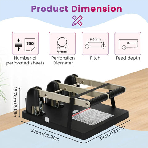 Heavy Duty Three Hole Punch With Labor Saving Handle Punches Up To 150 Sheets In A Single Pass For Schools Print Shops And Corporations Ergonomic Non Slip Base That Works Like A Champ For Smooth Effortless Binders on a tabletop with dimension labels
