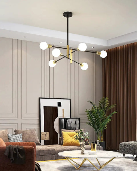 Sputnik Style Black And Gold Six Light Chandelier For Dining Room Living Room Modern Mid Century Industrial Ceiling Pendant Lighting Fixture Dope Look in modern living room setup