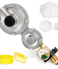 Feikeer vertical two-stage propane regulator with POL and gauge; metal body with brass fittings, yellow adapters included
