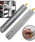 Top Shelf Full Extension Ball Bearing Drawer Slides Side Mount Heavy Duty Rails Track shown in garage setting with smooth glide and locks.