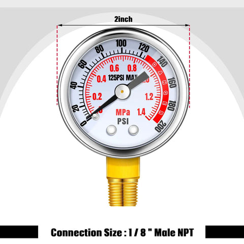 Air Tank Repair Kit With 0-200 PSI Gauge, brass manifold, showing 2 inch diameter and 1/8 inch male NPT connection size