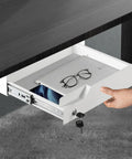 Slick Under Desk Drawer With Lock Sturdy Metal Undermount Storage Slide Tray Organizer For Papers Laptops And Office Gear White 16X11 Point 8 Inch with tablet and glasses visible.