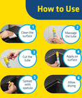 Instructions for using Wall Gap And Crack Filler Sealant 150G White DIY Waterproof Repair For Kitchen Sink Cracks Bathroom Tile Gaps And Damp Areas Works On Metal Wood PVC Great For Wet Surfaces No Mess displayed in six steps including cleaning and applying to surface.
