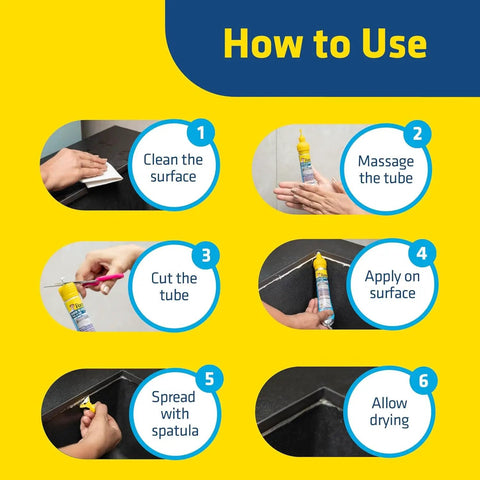Instructions for using Wall Gap And Crack Filler Sealant 150G White DIY Waterproof Repair For Kitchen Sink Cracks Bathroom Tile Gaps And Damp Areas Works On Metal Wood PVC Great For Wet Surfaces No Mess displayed in six steps including cleaning and applying to surface.