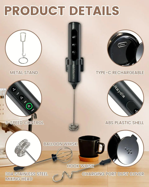 Electric Handheld Milk Frother Wand With Stand, 3 Speed Controls For Creamy Foam In Under 10 Seconds, Black with metal stand